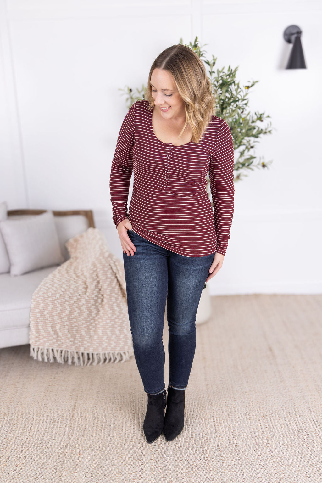 Striped Henley Long Sleeve - Burgundy